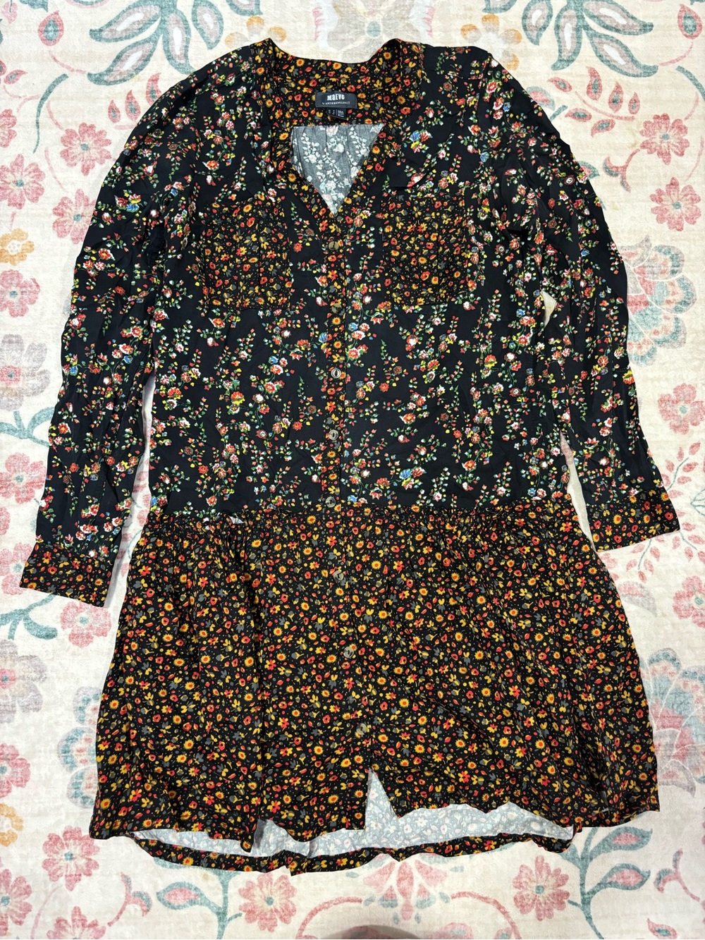 Anthropologie Maeve Black Floral Tiered Long-Sleeve Dress